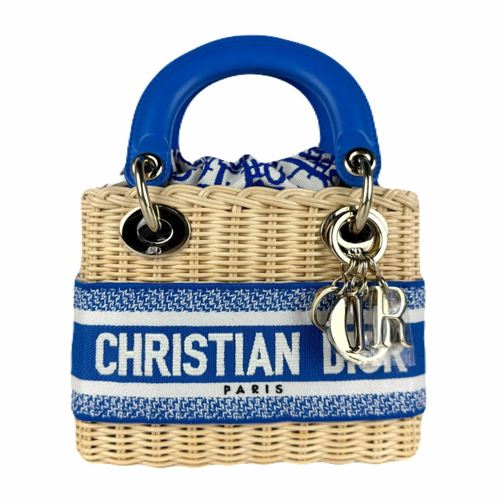Christian Dior Lady 2way Handbag Crossbody Leather Wicker Beige Blue Gold